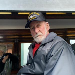Navy veteran Willis Clifford of Edgecomb waits aboard for a steam train ride at Wiscasset, Waterville & Farmington Railway Museum in Alna Sept. 19 at Wiscasset Area Chamber of Commerce’s Business After Hours. SUSAN JOHNS/Wiscasset Newspaper