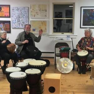 Drumming at River Arts with Kitty Hartford. LISA KRISTOFF/Boothbay Register