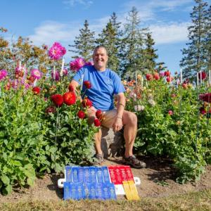 Doug Peck in his Newagen Seaside Inn dahlia garden and the display of ribbons he won at the 2019 Common Ground Fair. Courtesy photo