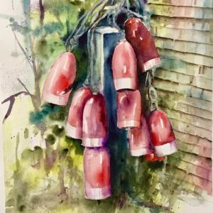 Back Cove Buoys”- a watercolor painting by New Harbor artist Peggy Farrell can be viewed at Miles Hospital. Courtesy of the artist Peggy Farrell