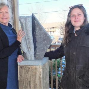 Sculptor Isabel Catherine Kelley, right, and BHRCC Director Patricia Royall post-installation of the 25th sculpture on the Trail Nov. 20. LISA KRISTOFF/Boothbay Register