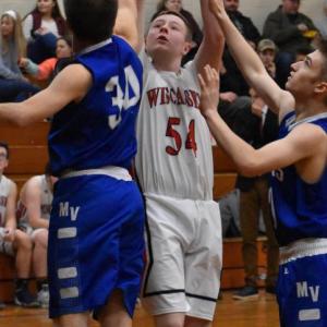 Noah Haggett takes a jump shot against the Falcons. PHIL DI VECE/Wiscasset Newspaper
