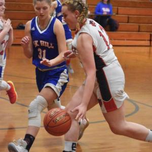 Madison Carrier played a good floor game for the Wolverines against Oak Hill. Also shown is Bri Dumais of the Raiders. PHIL DI VECE/Wiscasset Newspaper