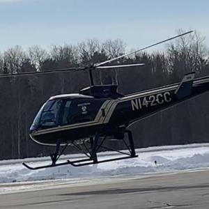 Airport Manager Rick Tetrev said Ken Boudin owns this helicopter leaving the ground Jan. 23. SUSAN JOHNS/Wiscasset Newspaper