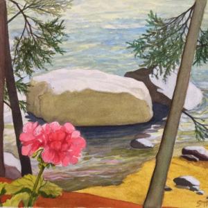 “Pink Geranium and The Store,” a watercolor Cushing scene by Suzi Thayer. See it, and other works by the Edgecomb-based artist, on her new website, sthayerart.com Courtesy of the artist Suzi Thayer