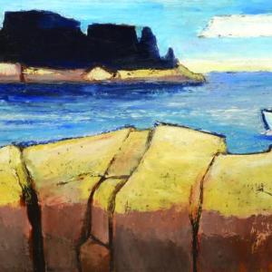 Emily Muir (American, 1904-2003), “Fox Island,” oil on board, 17" x 32” Courtesy of Wiscasset Bay Gallery