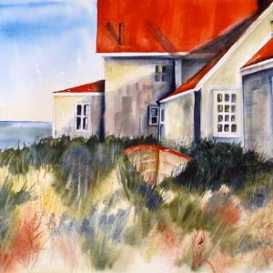"Sunshine & Shadows - Monhegan" watercolor by Peggy Farrell. Courtesy photo