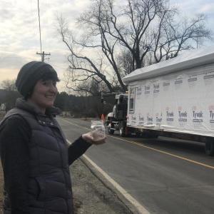 Alna First Selectman Melissa Spinney watches the arrival of half the new, modular town office on Route 218 in December 2018. File photo