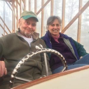 Herb and Doris Smith smile from motorboat Wings in his workshop at home in Newcastle in 2019. SUSAN JOHNS/Wiscasset Newspaper