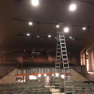 Hanging stage lights - volunteers Matthew Kopishke and Colin Sutch. Courtesy of Waldo Theater