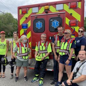 From left, Firefighter Five Foundation founder Steve Bender, fellow Pennsylvanian Lisa Steiner, Woolwich junior firefighter Hailey Namer, Woolwich Selectman Allison Hepler, Woolwich firefighter/EMT Danny Evarts, Woolwich Fire Lt. Donny Munsey, the department’s safety officer Jennifer Coombs Munsey, EMT Morgan Kindelan, firefighter Andrew Moskevitz and, in front, firefighter-EMT Rob Nibarger pose before the Wiscasset-Woolwich leg of Run2Respond Aug. 16. SUSAN JOHNS/Wiscasset Newspaper