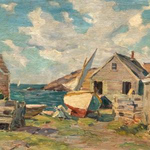 Charles Ebert (American, 1873-1959), “View of Fish Beach, Monhegan” oil on board. This may be viewed in the new exhibition at Wiscasset Bay Gallery opening Aug. 15. Courtesy of the venue Charles Ebert