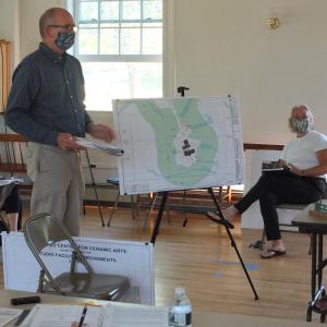 At the Aug. 6 Edgecomb planning board meeting, Wright-Pierce engineer Jan Wegner explains the Watershed Center for Ceramic Arts’ plans to renovate its campus. BILL PEARSON/Boothbay Register