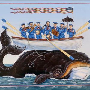 See Ed Parker’s “"Ship's Musicians Stranded on a Right Whale," in his new show at Gleason Fine Art running Aug. 20 through Sept. 22. Courtesy of the gallery Ed Parker