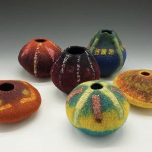 Judith Daniels’ fiber vessels are among the fiber art offerings at Markings Gallery in Bath. Courtesy photo Judith Daniels