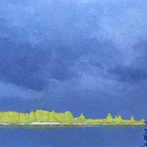 Tom Curry’s “Morning Glow” - a 24” x 60” oil painting on birch panel of Chatto Island “floats halfway between a surreal sea and sky of intense blue-gray.” Show opens Aug. 6 at Gleason Fine Art Tom Curry