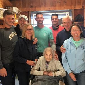 Bennie Alice Moore, her sons and a few of the grandchildren at Cabbage Island Sept. 18. From left: Kathy, Ryan and Bob; Glen and Gregg, and Wayne and Joanne. LISA KRISTOFF/Boothay Register