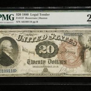 This twenty dollar bill, series 1880, signed Rosecrans and Huston is among the items in the auction on Oct. 23. Courtesy of Thomaston Place Auction Galleries