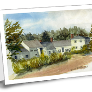 This notecard shows a painting of Squire Tarbox Inn by late longtime Westport Island summer resident Barbara Cleaves Perry. Grateful acknowledgement to Lester Stephen Perry. Card illustration by Jean Wilhelmsen-Exter. Courtesy of The Friends of Westport Island History