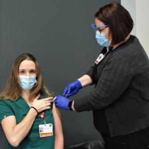 Leah Elias, MD, an Emergency Department physician, was among the first care team members to receive the vaccine at the clinic on the Miles Campus. Courtesy of LincolnHealth