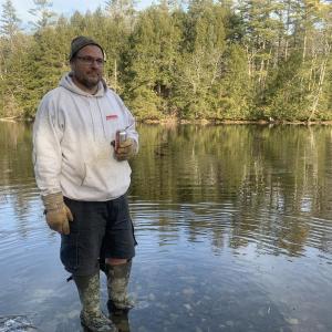 Jeff Spinney on the shore off Golden Ridge Road New Year’s Day. SUSAN JOHNS/Wiscasset Newspaper