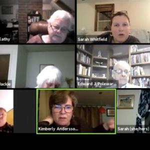 Jeff Slack, lower left, gives a thumbs up Feb. 16 as fellow selectman Kim Andersson, next box over, comments, “People seek out public art installations.” Zoom screenshot