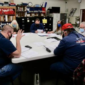 Woolwich Fire Chief Mike Demers, left, presents his budget to the select board Monday. PHIL DI VECE/Wiscasset Newspaper