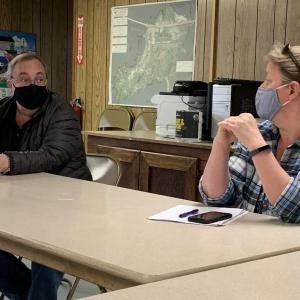 There was no masking tension between the Edgecomb school committee and select board March 24 during a discussion about proper use of an estimated $470,000 school surplus. Pictured are Selectman Ted Hugger and School Committee Vice-Chairman Heather Sinclair. BILL PEARSON/Boothbay Register
