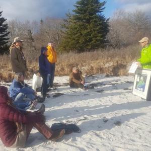 Geologist Pete Slovinsky from the Maine Geological Survey discusses beach evolution with Midcoast Stewards at Pemaquid Beach in 2017. Courtesy of Coastal Rivers