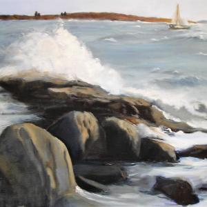 “On the Rocks - Ocean Point,” - oil on linen/board, 14” x 18” by
Cheryl Blaydon. See more of her paintings at Southport Memorial Library through June. Courtesy of the artist Cheryl Blaydon