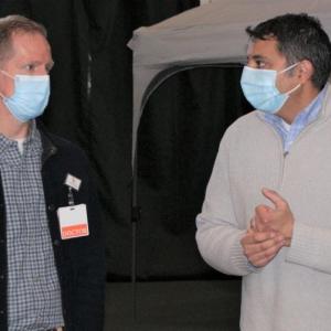 Maine CDC Director Dr. Nirav Shah, right, with LincolnHealth Associate Vice President of Medical Affairs Andrew Russ, MD, Dr. Shah made a surprise visit to the clinic on Saturday, April 10. Courtesy photo