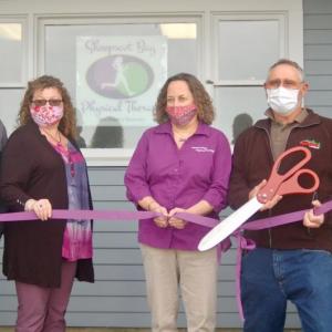 Wiscasset Town Manager Dennis Simmons, business member Janie Miller, Dr. Jean Beattie, chamber president Chip Davison and PTA Maureen Reed cut the ribbon. ART MAYERS/Wiscasset Newspaper