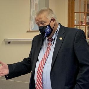 Sheriff Todd Brackett explains a new hiring proposal to attract and retain deputy sheriffs during the May 3 Lincoln County Commissioners meeting. BILL PEARSON/Boothbay Register