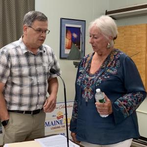 Wiscasset Town Manager Dennis Simmons and Terry Heller talk before the June 15 selectmen’s meeting, Heller’s first on the board. SUSAN JOHNS/Wiscasset Newspaper