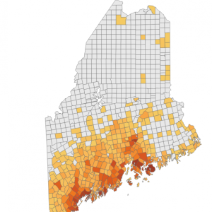 Current data from the University of Maine Tick Lab shows the prevalence of Deer Ticks submitted to the Lab by geographic area. University of Maine graphic