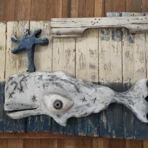 “Thar She Blows,” - assemblage of recycled wood and found objects by Scrapwood Renaissance artist Eric Graffam. On display in the Hasenfus Pop-Up Studio during the WAW. Courtesy of Lucia Droby Eric Graffam