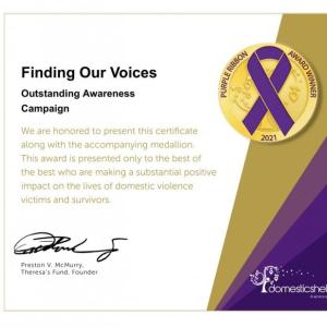 Finding Our Voices’ Purple Ribbon Award for Outstanding Campaign. Courtesy of Patrisha McLean