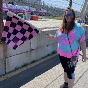 Saco’s Amy Harrop of chasingthecheckered.com takes part in the third annual Racin’ Cancer Walk at Wiscasset Speedway Sept. 4. SUSAN JOHNS/Wiscasset Newspaper