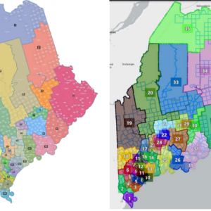 The proposed new Senate maps by Democrats (left) and Republicans (right).