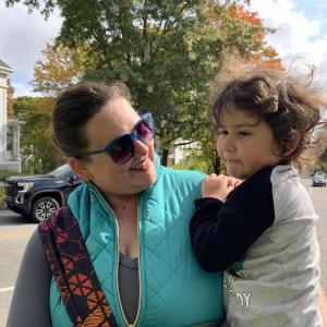 Annaliese Hart of Houston, Texas and son Damian, 4, check out scarecrows Oct. 9 at a Wiscasset Area Chamber of Commerce contest that kicked off Wiscasset’s Scarecrowfest. SUSAN JOHNS/Wiscasset Newspaper