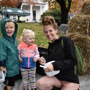 Allison Henderson and her children Jack, left, and Charlie and made the morning’s first scarecrow. PHIL DI VECE/Wiscasset Newspaper