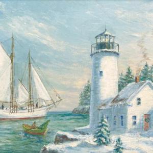 “Schooner in the Harbor” by Maine artist Richard Hasenfus. Courtesy of Pine Tree Society