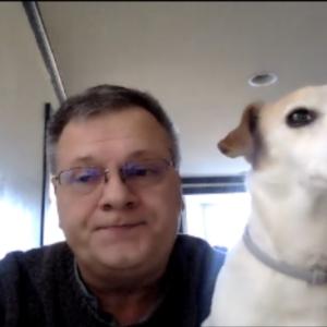 Wiscasset Town Manager Dennis Simmons and his Jack Russell terrier Foxy attend Friends of Wiscasset Village’s Dec. 17 meeting. Zoom screenshot