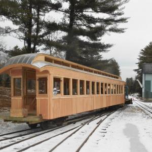 The replica coach #9 at WW&F in Alna out of the shop for the first time, bound for the Sheepscot yard and Bay 4 for interior work. Courtesy of WW&F Railway