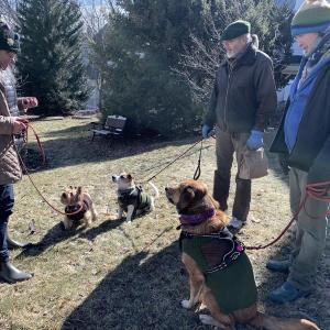 From left, Franche and Bill Straus and son Sebastian Gillen pause on the Wiscasset Public Library grounds with, from left, Bodhi, Raji and Shantih. SUSAN JOHNS/Wiscasset Newspaper