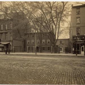 MHS campus on Congress Street in Portland, as it appeared ca 1908. Wadsworth-Longfellow House is in the center. Collections Maine Historical Society