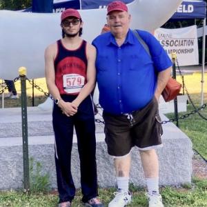 Bryan Gagnon and his grandfather David Gagnon of Wiscasset at Bowdoin College after Bryan qualified for the USATF Junior Olympic National meet. Courtesy of Josiah Winchenbach
