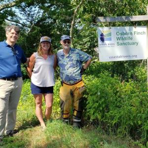 From left are Steven Hufnagel, executive eirector, Coastal Rivers; Haley Bezon, director Hearty Roots; and Jim Grenier, facilities manager, Coastal Rivers, meeting at the Osborn Finch Wildlife Sanctuary. Courtesy of Hearty Roots