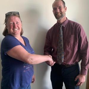 Edgecomb School Committee Chairman Heather Sinclair welcomes new principal Tom Landberg. BILL PEARSON/Boothbay Register
