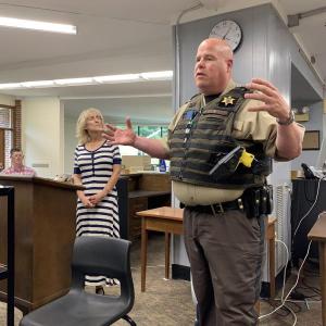 Sheriff’s Lieutenant Brendan Kane talks about the department’s ALERRT training at the Aug. 9 Wiscasset School Committee meeting. KEVIN BURNHAM/Boothbay Register
